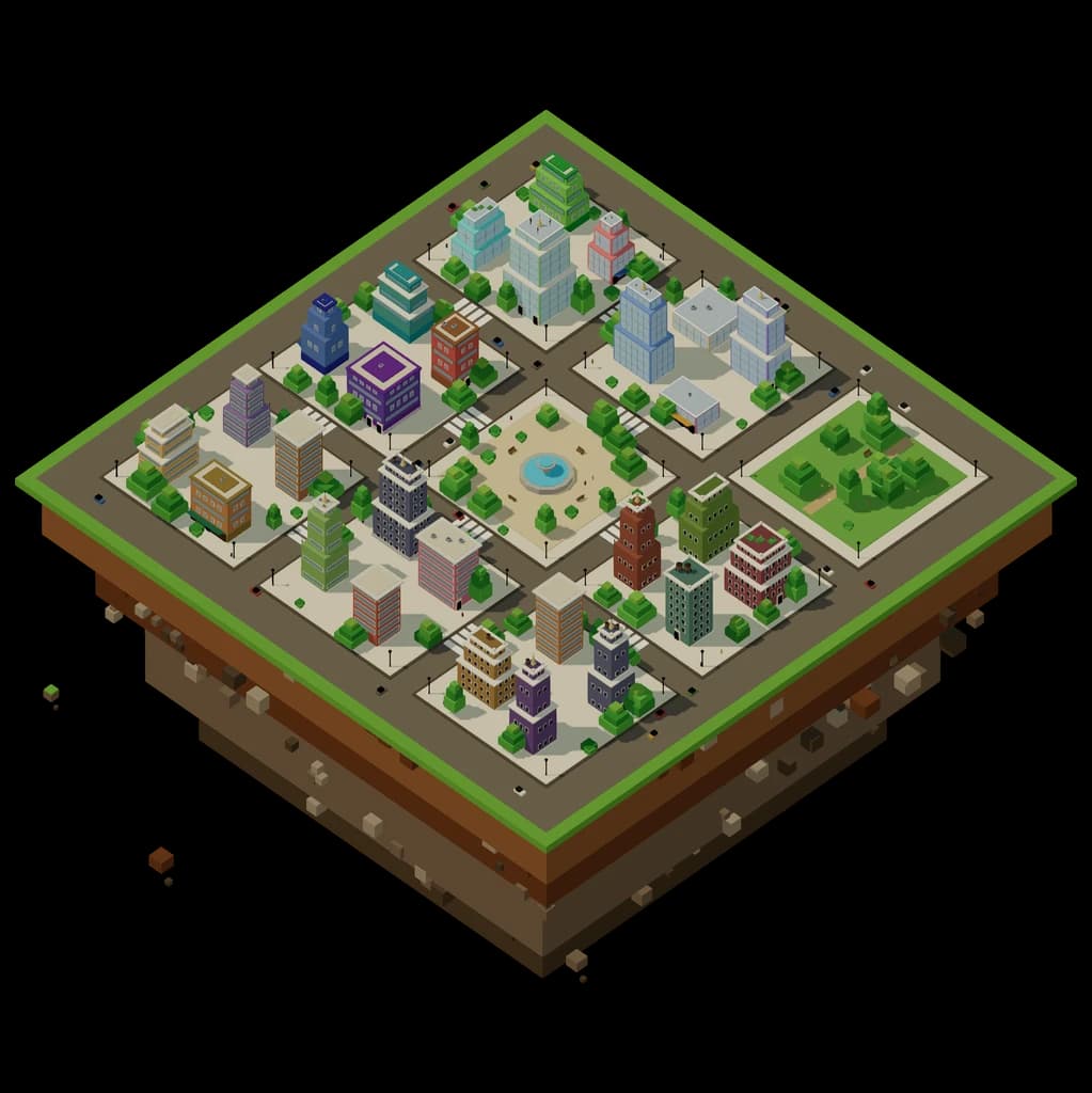 An isometric pixel-art town floating on an island