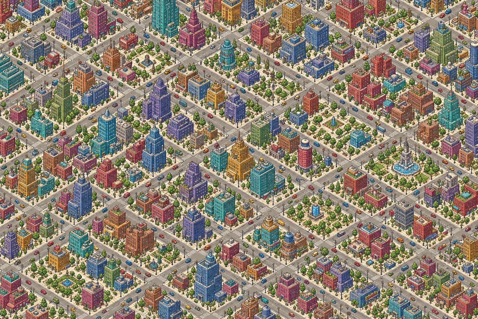 A vast isometric 8-bit city stretching beyond the frame, the shared library of every reader's papers