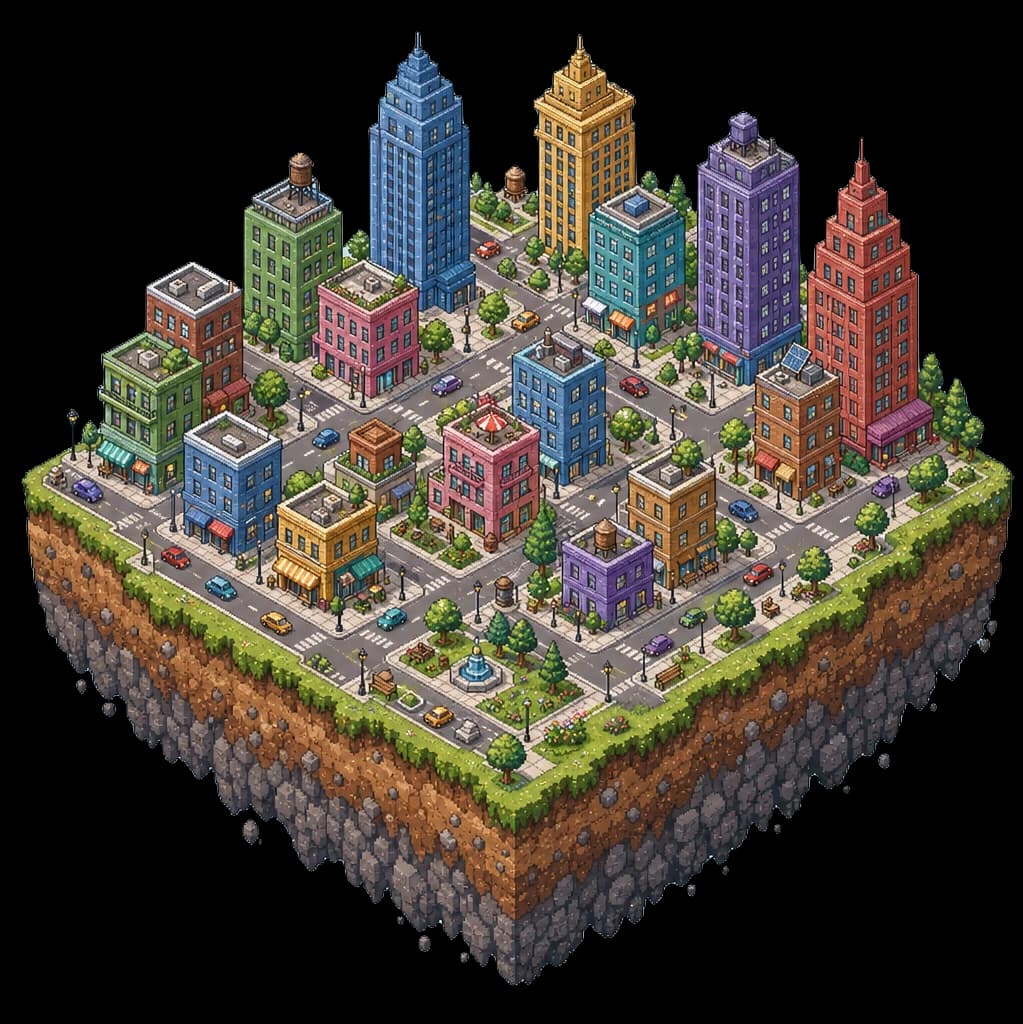 An isometric pixel-art town floating on an island, one reader's research library